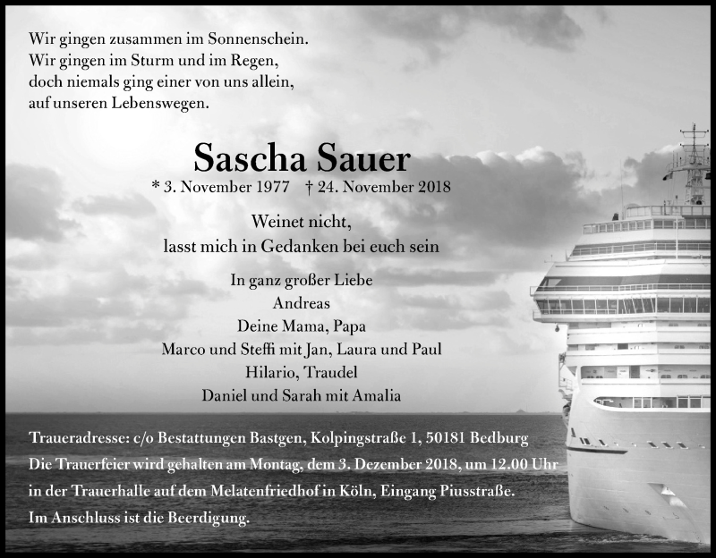  Traueranzeige für Sascha Sauer vom 01.12.2018 aus Kölner Stadt-Anzeiger / Kölnische Rundschau / Express