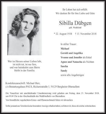 Anzeige von Sibilla Dübgen von  Werbepost 
