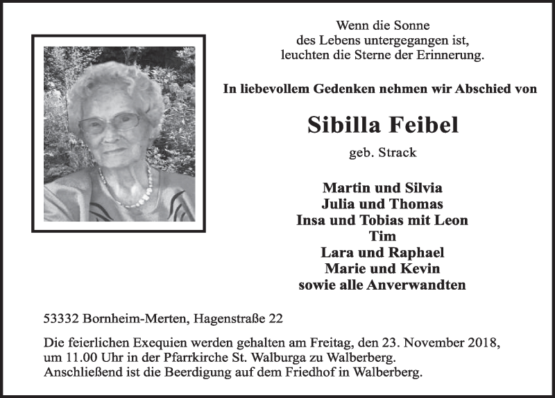  Traueranzeige für Sibilla Feibel vom 21.11.2018 aus  Schlossbote/Werbekurier 
