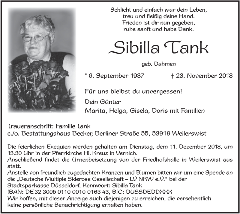 Traueranzeige für Sibilla Tank vom 01.12.2018 aus  Blickpunkt Euskirchen 