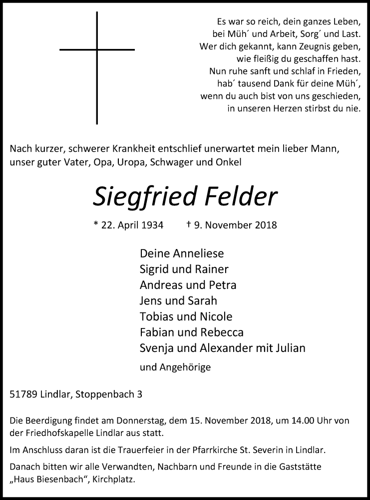  Traueranzeige für Siegfried Felder vom 13.11.2018 aus Kölner Stadt-Anzeiger / Kölnische Rundschau / Express