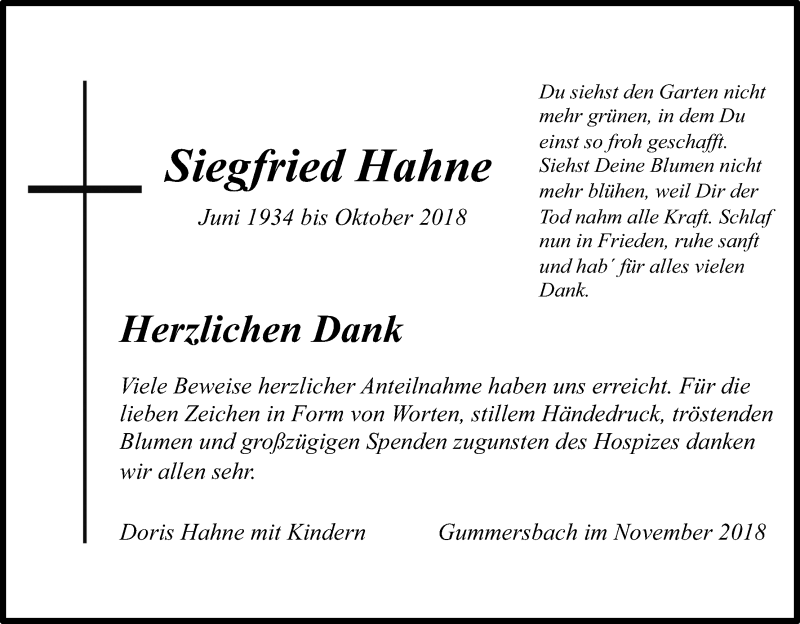  Traueranzeige für Siegfried Hahne vom 10.11.2018 aus Kölner Stadt-Anzeiger / Kölnische Rundschau / Express
