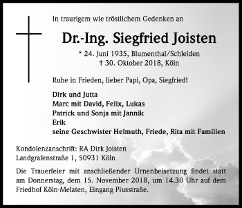 Anzeige von Siegfried Joisten von Kölner Stadt-Anzeiger / Kölnische Rundschau / Express