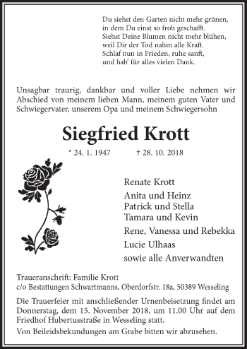 Anzeige von Siegfried Krott von  Kölner Wochenspiegel 