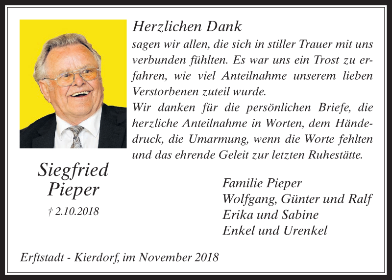  Traueranzeige für Siegfried Pieper vom 14.11.2018 aus  Werbepost 
