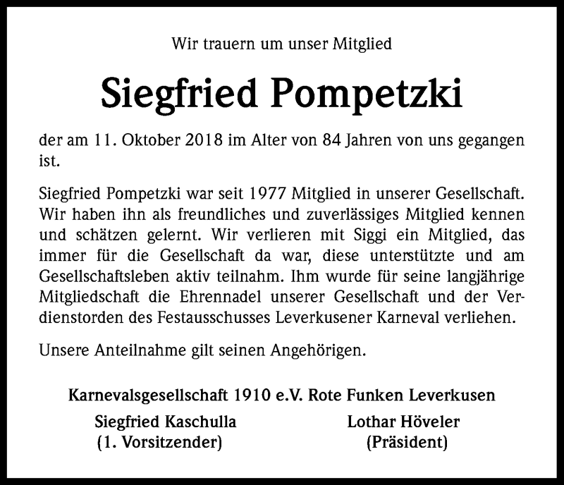  Traueranzeige für Siegfried Pompetzki vom 07.11.2018 aus Kölner Stadt-Anzeiger / Kölnische Rundschau / Express