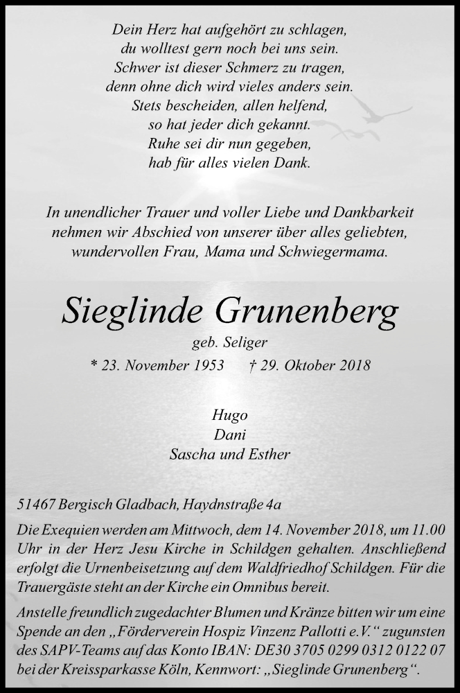  Traueranzeige für Sieglinde Grunenberg vom 10.11.2018 aus Kölner Stadt-Anzeiger / Kölnische Rundschau / Express