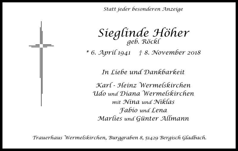  Traueranzeige für Sieglinde Höher vom 14.11.2018 aus Kölner Stadt-Anzeiger / Kölnische Rundschau / Express