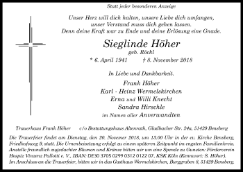 Anzeige von Sieglinde Höher von Kölner Stadt-Anzeiger / Kölnische Rundschau / Express