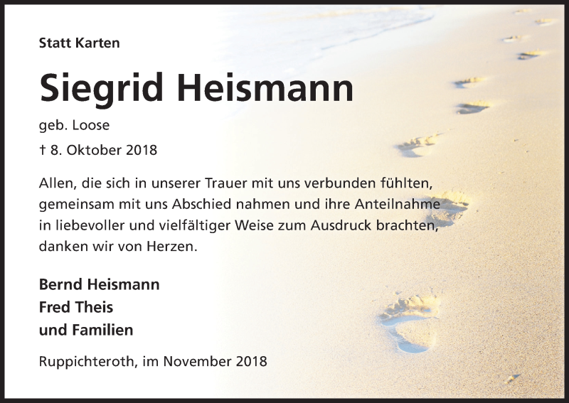  Traueranzeige für Siegrid Heismann vom 10.11.2018 aus Kölner Stadt-Anzeiger / Kölnische Rundschau / Express