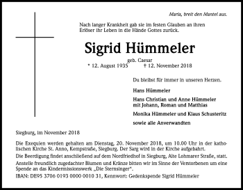 Anzeige von Sigrid Hümmeler von Kölner Stadt-Anzeiger / Kölnische Rundschau / Express
