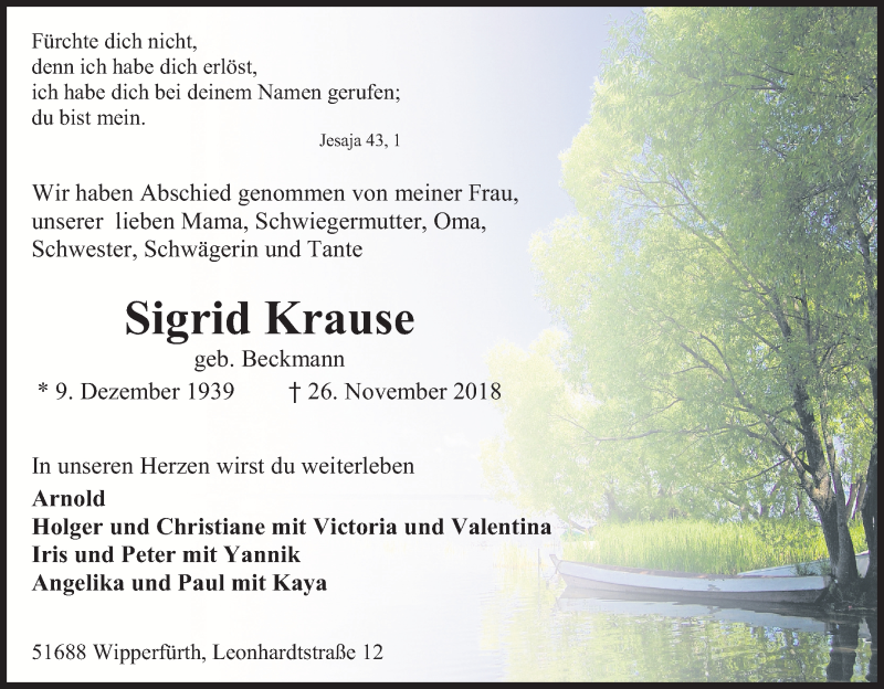  Traueranzeige für Sigrid Krause vom 01.12.2018 aus Kölner Stadt-Anzeiger / Kölnische Rundschau / Express