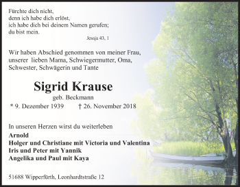 Anzeige von Sigrid Krause von Kölner Stadt-Anzeiger / Kölnische Rundschau / Express