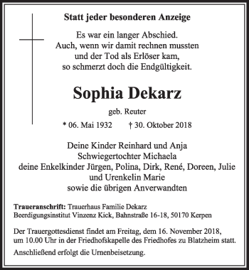 Anzeige von Sophia Dekarz von  Sonntags-Post 