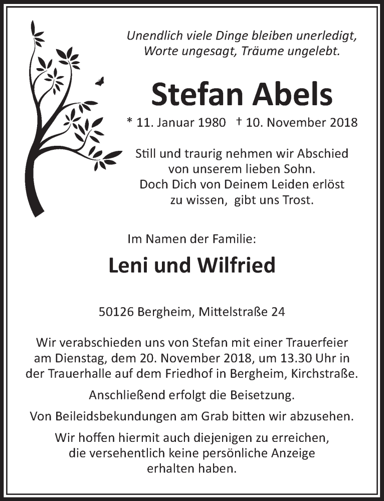  Traueranzeige für Stefan Abels vom 17.11.2018 aus  Sonntags-Post 