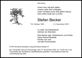 Anzeige von Stefan Becker von Kölner Stadt-Anzeiger / Kölnische Rundschau / Express