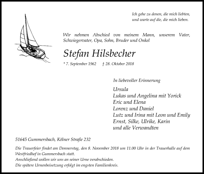  Traueranzeige für Stefan Hilsbecher vom 03.11.2018 aus Kölner Stadt-Anzeiger / Kölnische Rundschau / Express