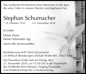 Anzeige von Stephan Schumacher von Kölner Stadt-Anzeiger / Kölnische Rundschau / Express