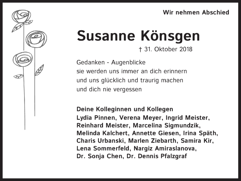  Traueranzeige für Susanne Könsgen vom 10.11.2018 aus Kölner Stadt-Anzeiger / Kölnische Rundschau / Express