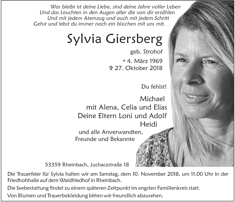  Traueranzeige für Sylvia Giersberg vom 07.11.2018 aus  Schaufenster/Blickpunkt 