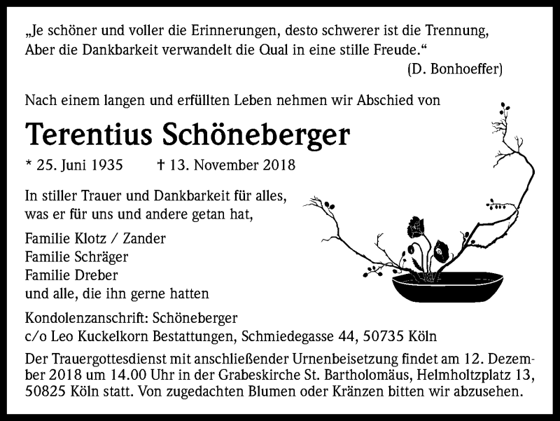  Traueranzeige für Terentius Schöneberger vom 01.12.2018 aus Kölner Stadt-Anzeiger / Kölnische Rundschau / Express