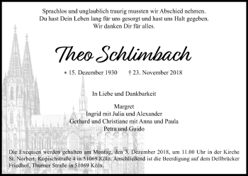 Anzeige von Theo Schlimbach von Kölner Stadt-Anzeiger / Kölnische Rundschau / Express