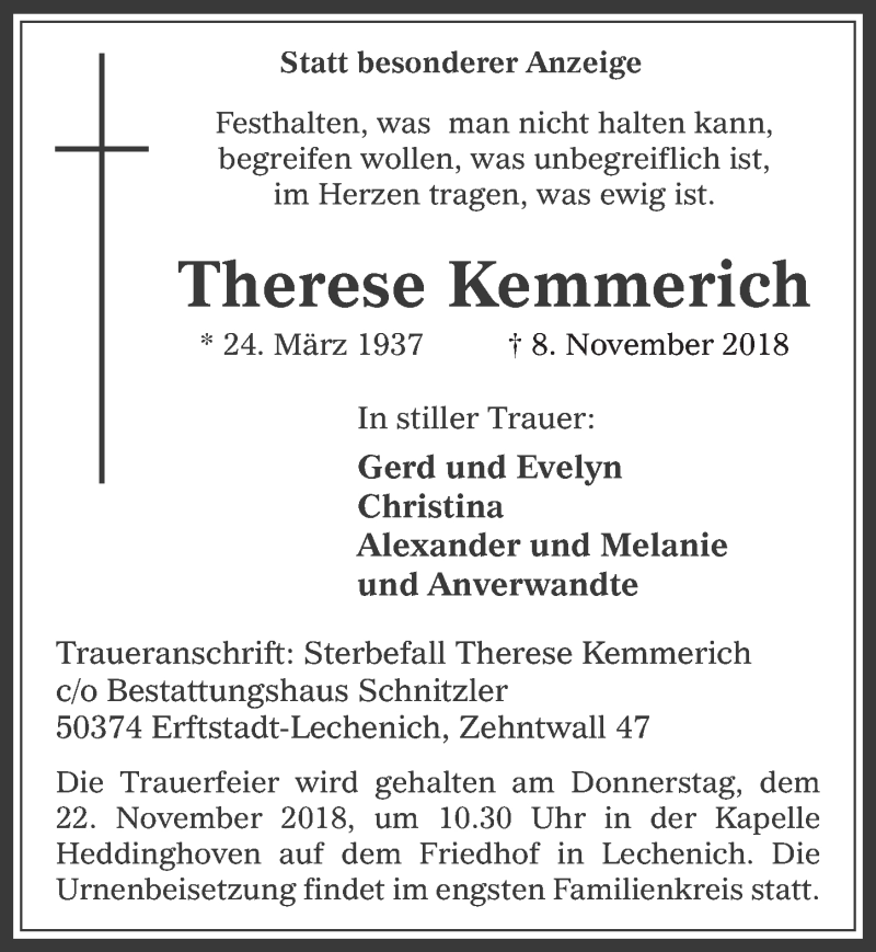  Traueranzeige für Therese Kemmerich vom 14.11.2018 aus  Werbepost 