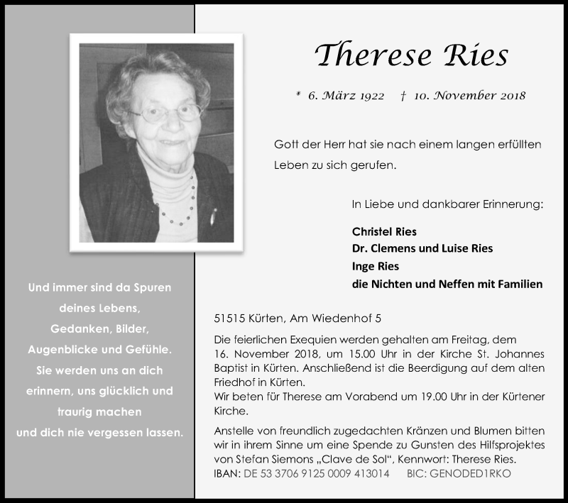  Traueranzeige für Therese Ries vom 14.11.2018 aus Kölner Stadt-Anzeiger / Kölnische Rundschau / Express