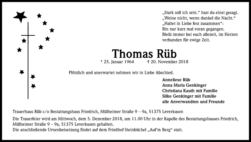  Traueranzeige für Thomas Rüb vom 29.11.2018 aus Kölner Stadt-Anzeiger / Kölnische Rundschau / Express