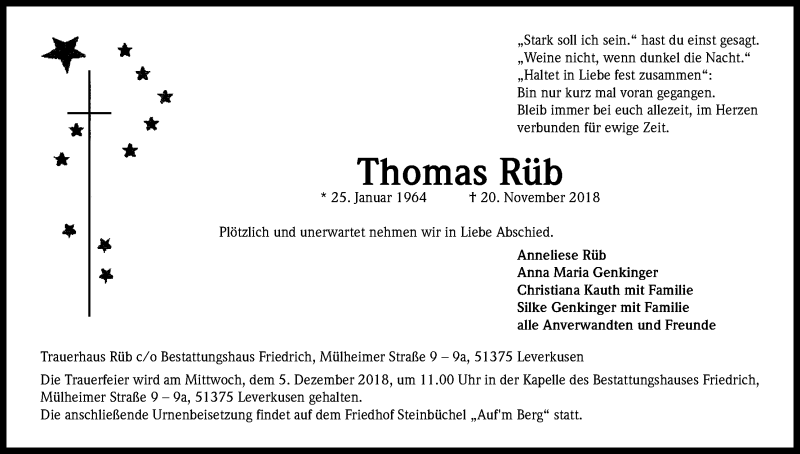  Traueranzeige für Thomas Rüb vom 18.07.2023 aus Kölner Stadt-Anzeiger / Kölnische Rundschau / Express