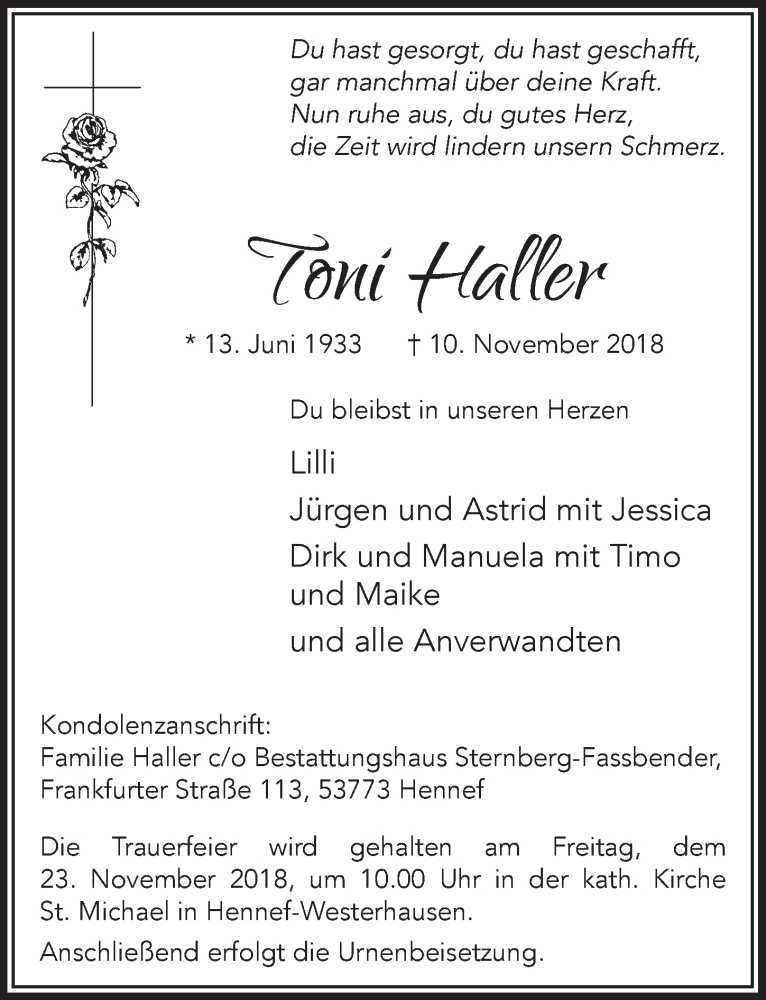  Traueranzeige für Toni Haller vom 21.11.2018 aus  Extra Blatt 