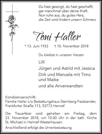 Anzeige von Toni Haller von  Extra Blatt 