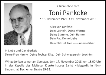 Anzeige von Toni Pankoke von Kölner Stadt-Anzeiger / Kölnische Rundschau / Express