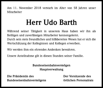 Anzeige von Udo Barth von Kölner Stadt-Anzeiger / Kölnische Rundschau / Express
