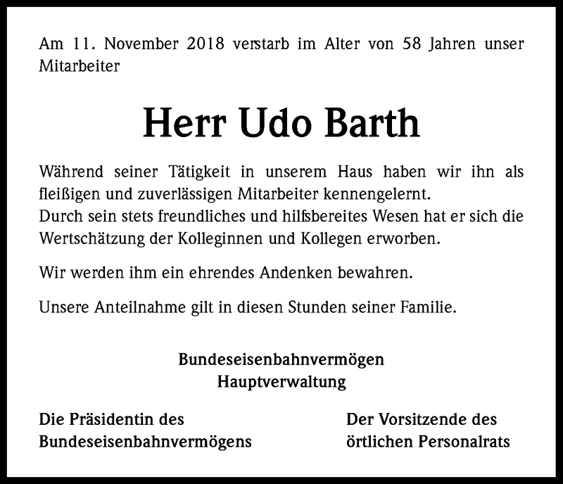  Traueranzeige für Udo Barth vom 17.11.2018 aus Kölner Stadt-Anzeiger / Kölnische Rundschau / Express