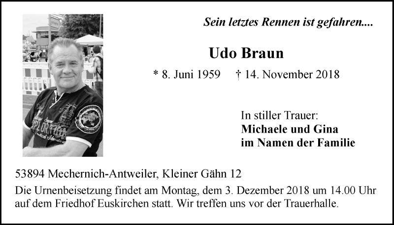  Traueranzeige für Udo Braun vom 01.12.2018 aus  Blickpunkt Euskirchen 