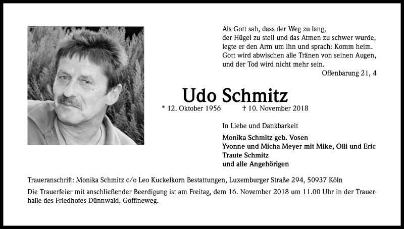  Traueranzeige für Udo Schmitz vom 14.11.2018 aus Kölner Stadt-Anzeiger / Kölnische Rundschau / Express