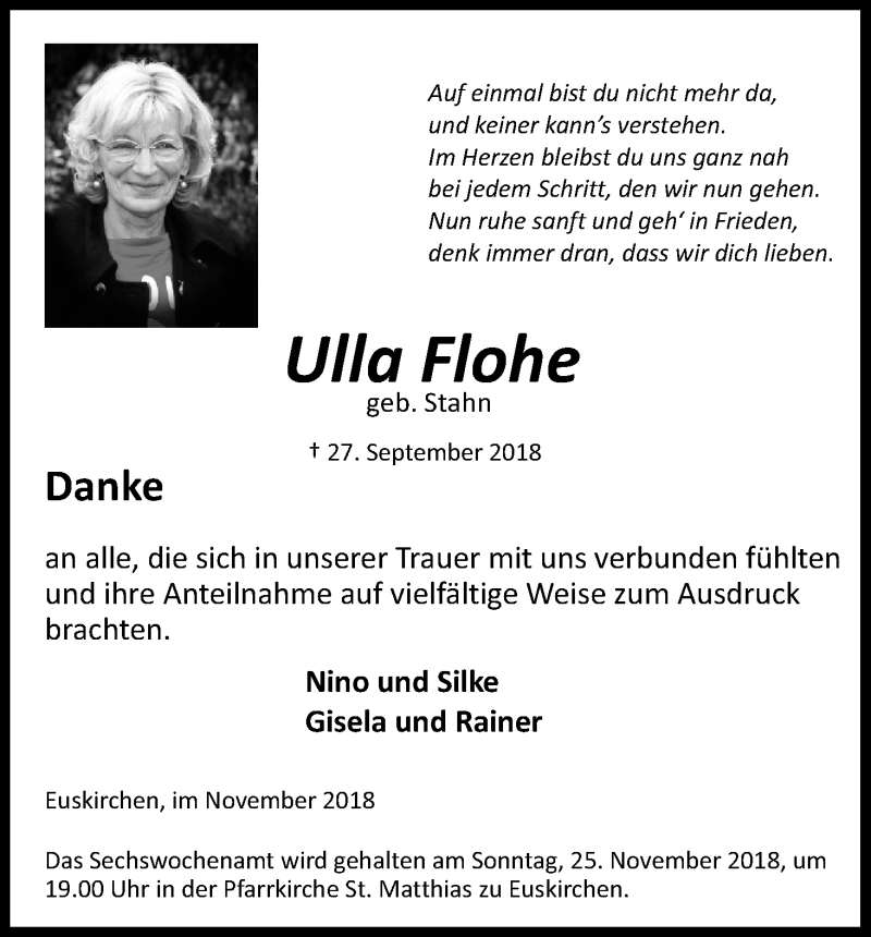  Traueranzeige für Ulla Flohe vom 17.11.2018 aus Kölner Stadt-Anzeiger / Kölnische Rundschau / Express