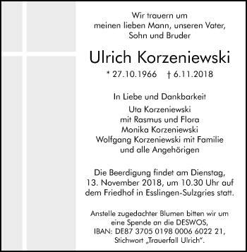 Anzeige von Ulrich Korzeniewski von Kölner Stadt-Anzeiger / Kölnische Rundschau / Express