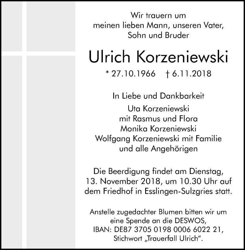  Traueranzeige für Ulrich Korzeniewski vom 10.11.2018 aus Kölner Stadt-Anzeiger / Kölnische Rundschau / Express