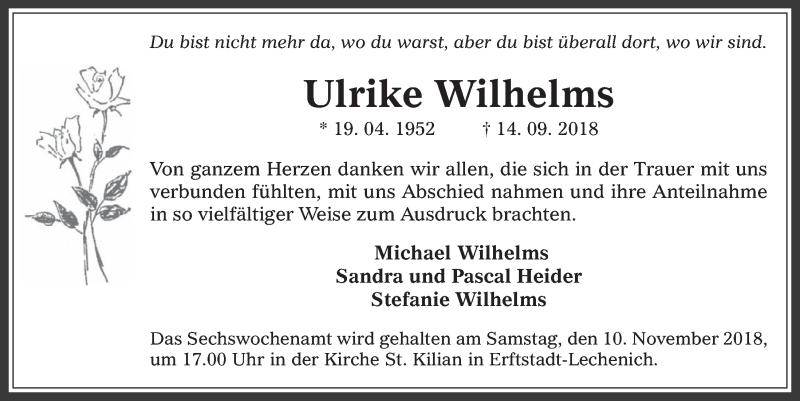  Traueranzeige für Ulrike Wilhelms vom 07.11.2018 aus  Werbepost 