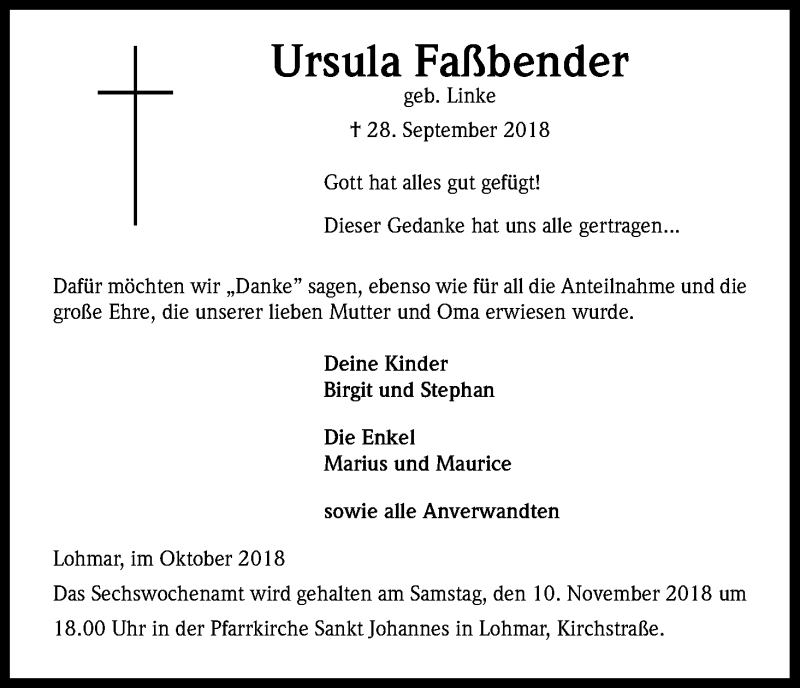  Traueranzeige für Ursula Faßbender vom 03.11.2018 aus Kölner Stadt-Anzeiger / Kölnische Rundschau / Express