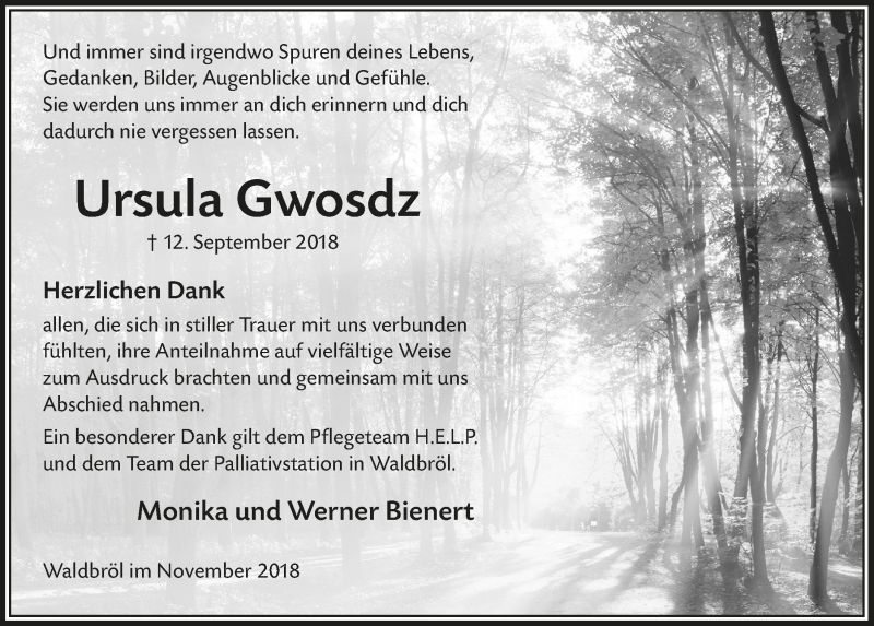  Traueranzeige für Ursula Gwosdz vom 07.11.2018 aus  Lokalanzeiger 