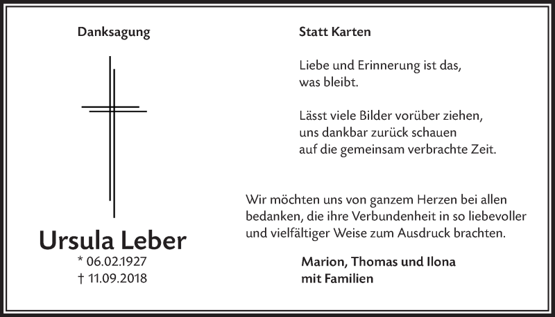 Traueranzeige für Ursula Leber vom 07.11.2018 aus  Lokalanzeiger 