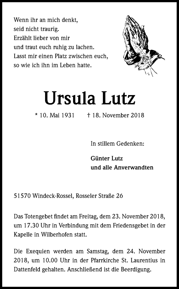  Traueranzeige für Ursula Lutz vom 21.11.2018 aus Kölner Stadt-Anzeiger / Kölnische Rundschau / Express