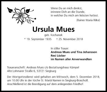 Anzeige von Ursula Mues von Kölner Stadt-Anzeiger / Kölnische Rundschau / Express