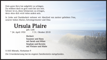 Anzeige von Ursula Plaire von Kölner Stadt-Anzeiger / Kölnische Rundschau / Express