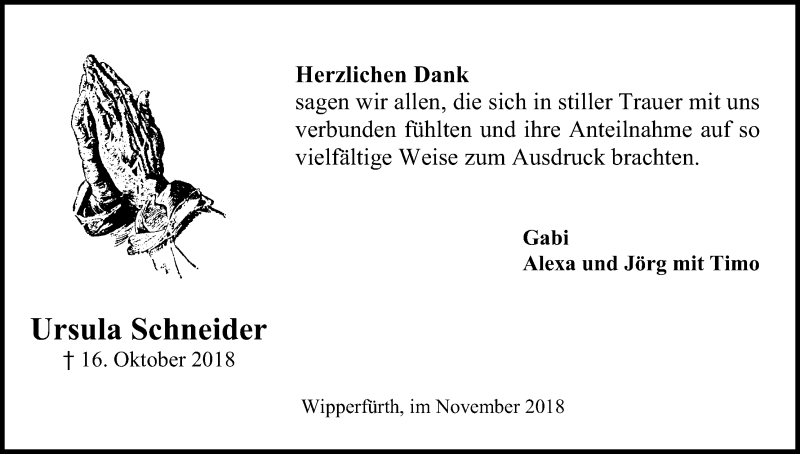 Traueranzeige für Ursula Schneider vom 24.11.2018 aus Kölner Stadt-Anzeiger / Kölnische Rundschau / Express