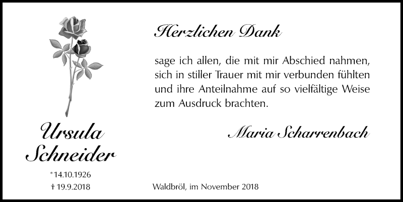  Traueranzeige für Ursula Schneider vom 28.11.2018 aus  Lokalanzeiger 