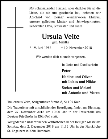 Anzeige von Ursula Velte von Kölner Stadt-Anzeiger / Kölnische Rundschau / Express